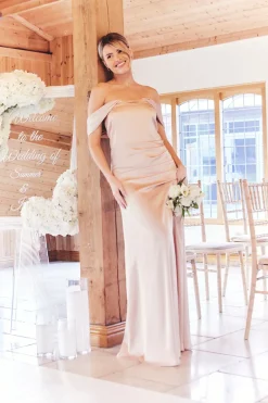 Light Gold Satin Bardot Ruched Maxi Dress