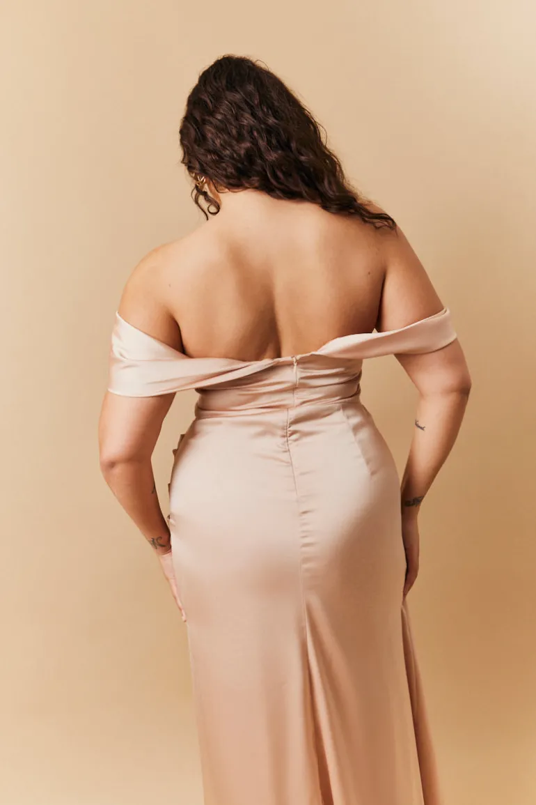 Light Gold Satin Bardot Ruched Maxi Dress