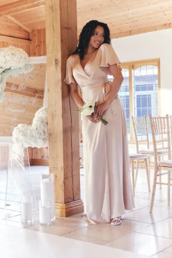 Light Gold Satin Wrap Tie Angel Sleeve Maxi Dress