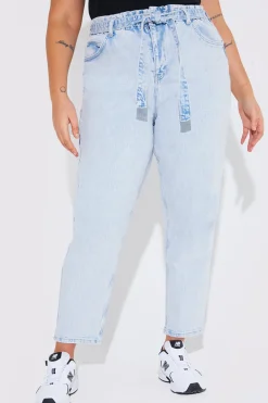 Light Wash Paperbag Tie Waist Jeans