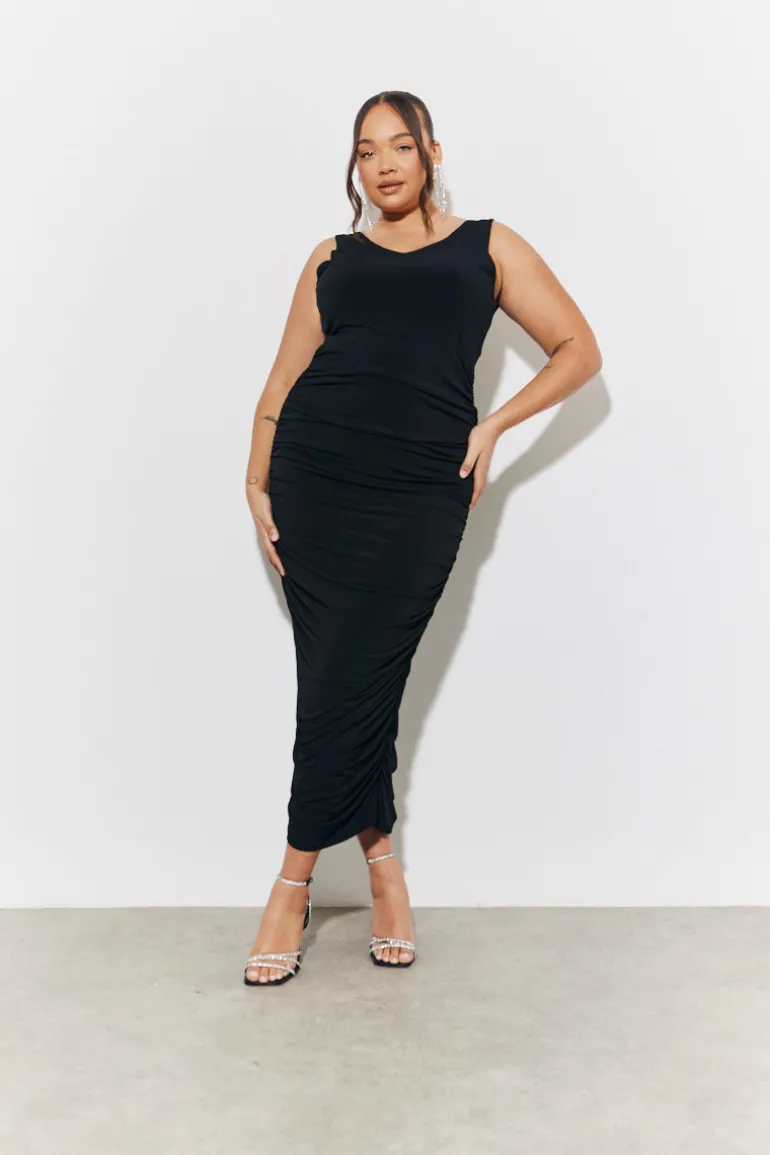 Magic Sculpting Plunge Neck Ruched Detail Midaxi Dress