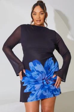 Mesh Floral Cowl Back Mini Dress