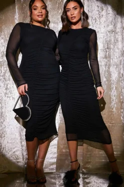 Mesh Long Sleeve Ruched Midi Dress