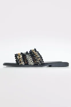 Metallic Faux Leather Flat Sandal