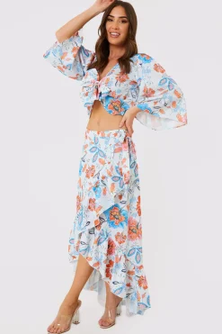 Multi Floral Frill Detail Wrap Maxi Skirt