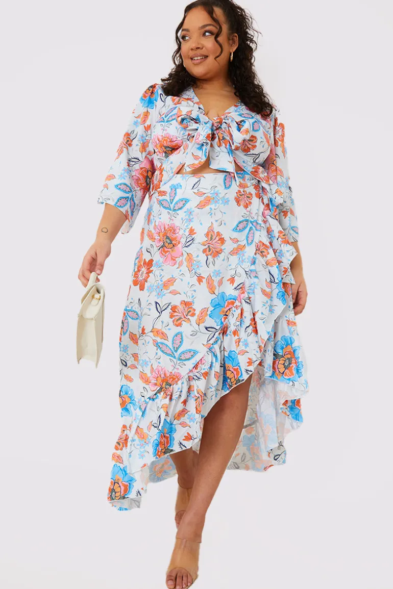 Multi Floral Frill Detail Wrap Maxi Skirt