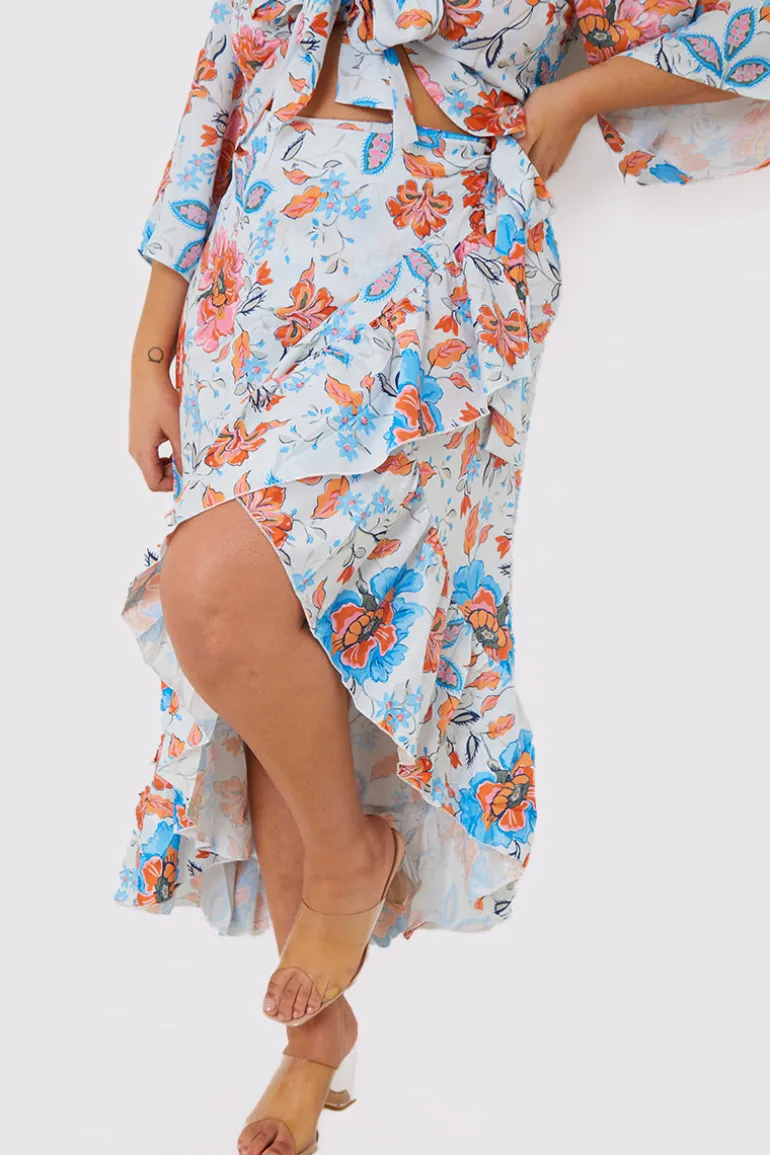 Multi Floral Frill Detail Wrap Maxi Skirt