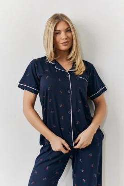 Navy Cherry Print Shirt and Trouser PJ Set