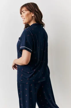 Navy Cherry Print Shirt and Trouser PJ Set