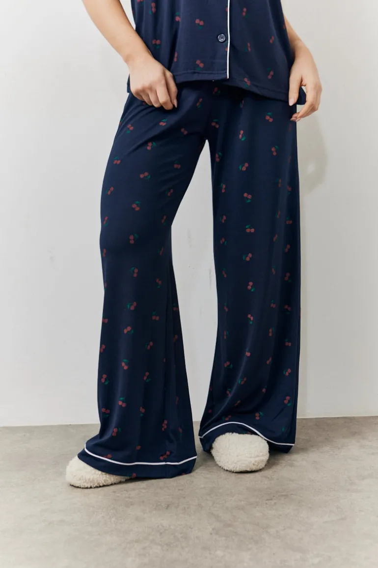 Navy Cherry Print Shirt and Trouser PJ Set