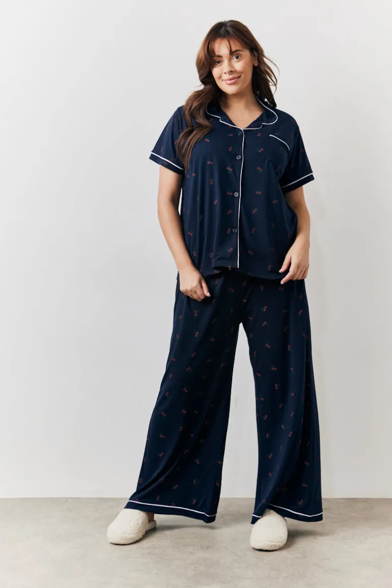 Navy Cherry Print Shirt and Trouser PJ Set