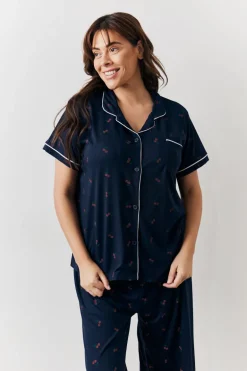 Navy Cherry Print Shirt and Trouser PJ Set