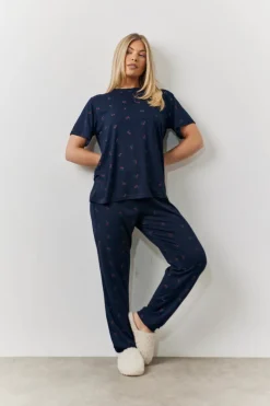 Navy Cherry Print T Shirt and Cuff Jogger Pj Set
