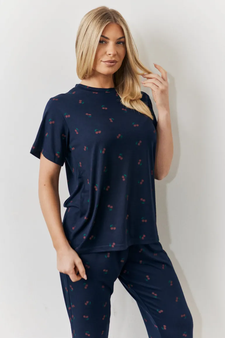 Navy Cherry Print T Shirt and Cuff Jogger Pj Set