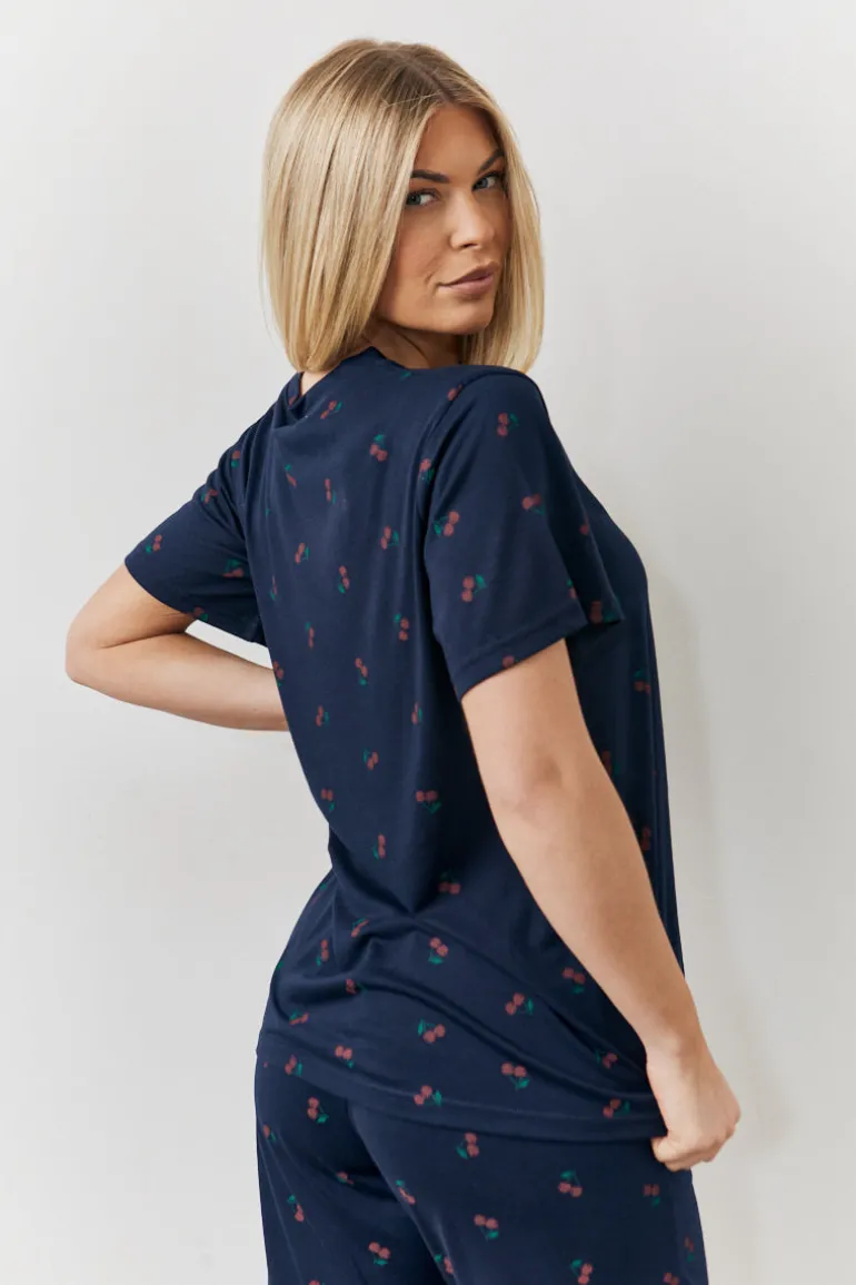 Navy Cherry Print T Shirt and Cuff Jogger Pj Set