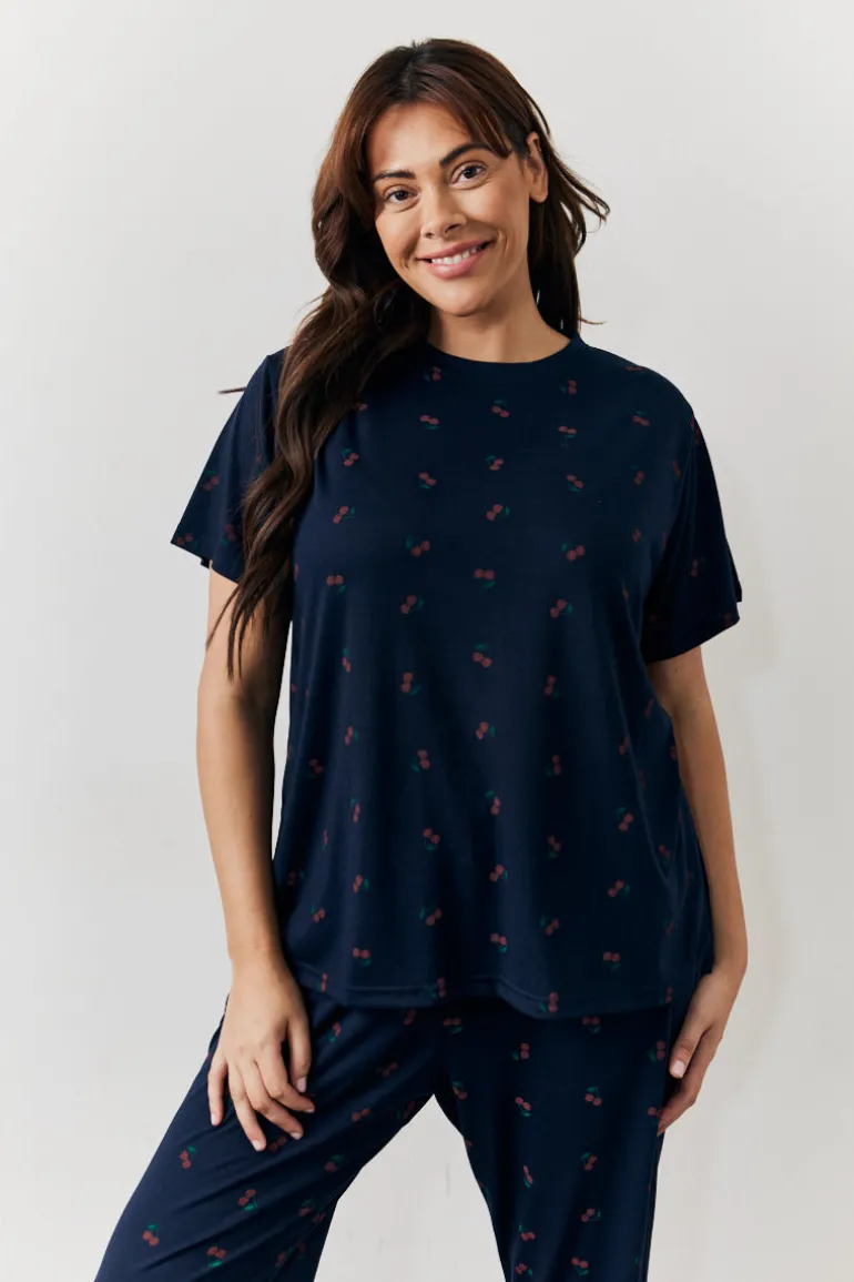 Navy Cherry Print T Shirt and Cuff Jogger Pj Set