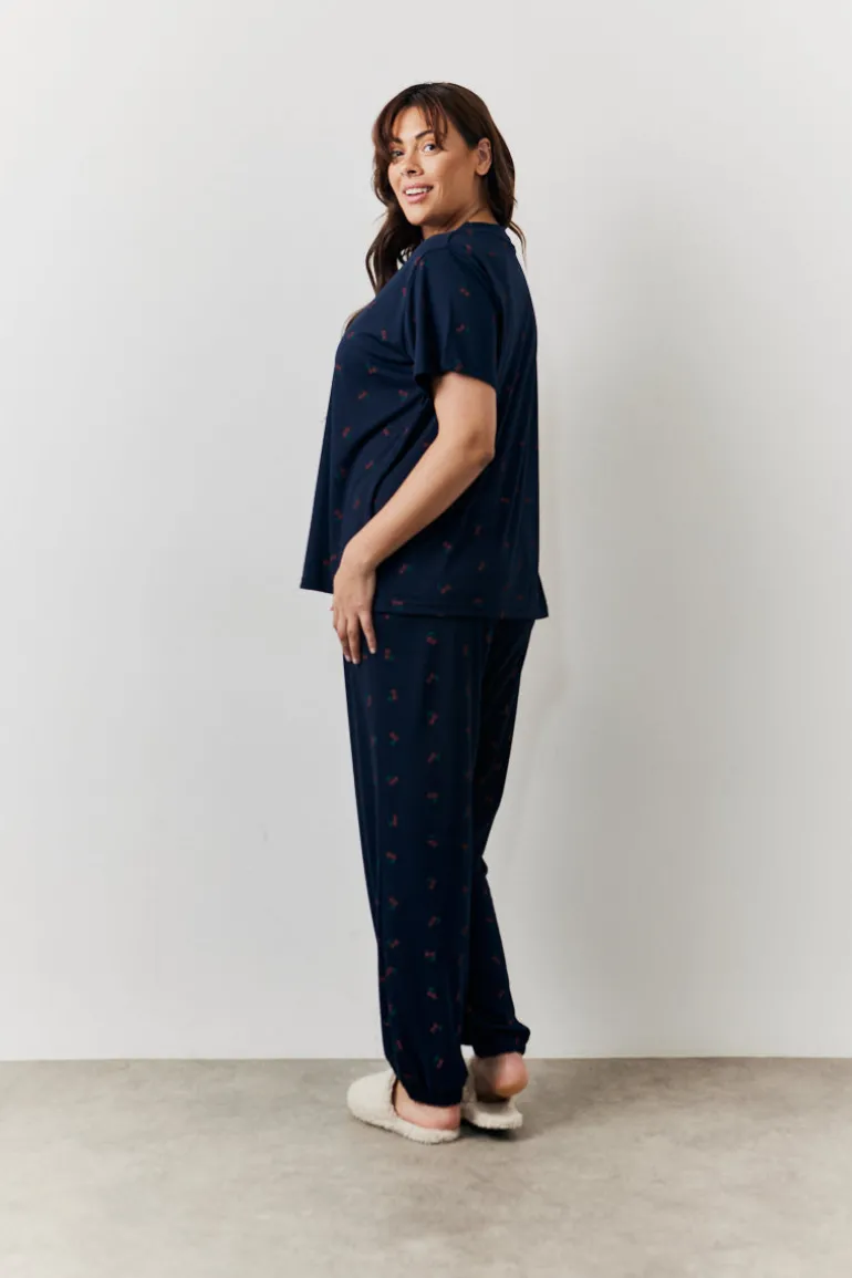 Navy Cherry Print T Shirt and Cuff Jogger Pj Set