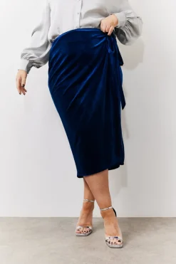 Navy Velvet Wrap Midi Skirt