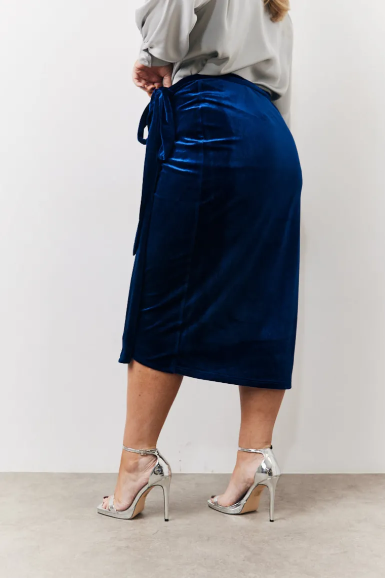 Navy Velvet Wrap Midi Skirt