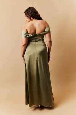 Olive Satin Bardot Ruched Maxi Dress