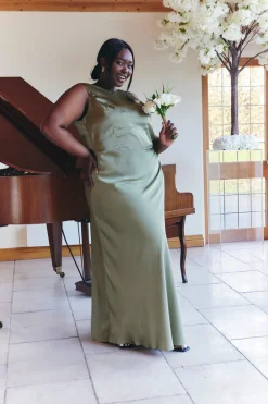 Olive Satin Cowl Back Maxi Dress
