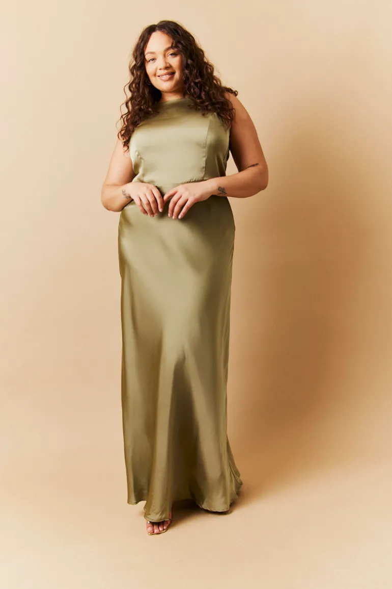 Olive Satin Cowl Back Maxi Dress
