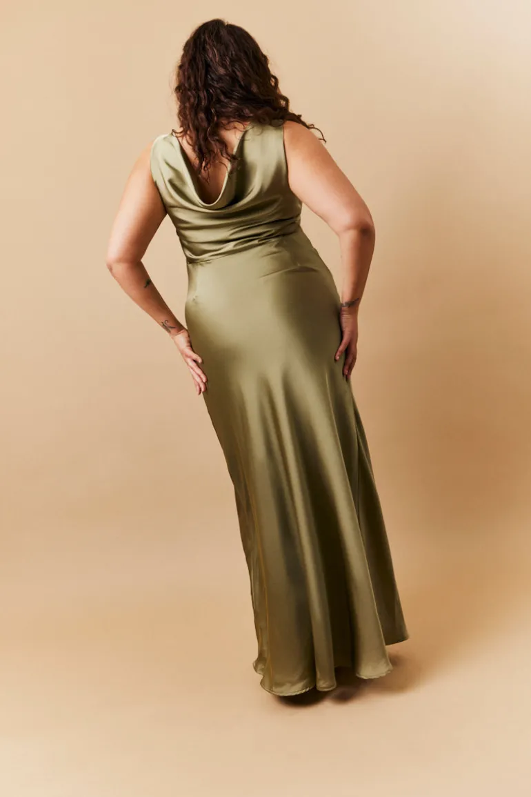 Olive Satin Cowl Back Maxi Dress