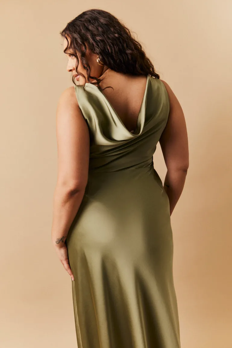 Olive Satin Cowl Back Maxi Dress