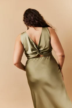 Olive Satin Twist Back Maxi Dress