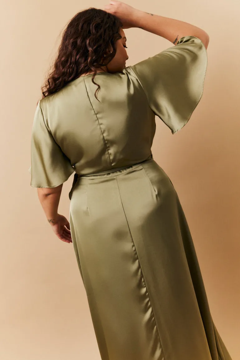 Olive Satin Wrap Tie Angel Sleeve Maxi Dress