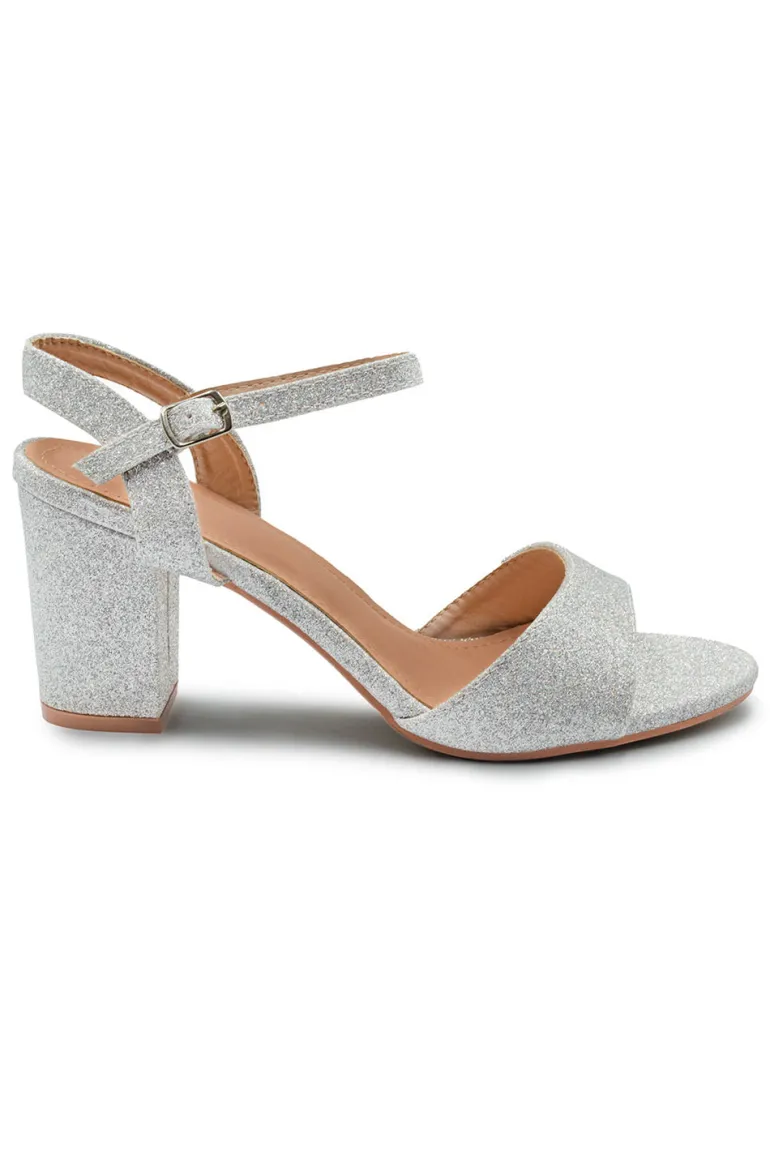 PAITYN BUCKLE UP LOW BLOCK HEEL SANDAL IN MOON SILVER GLITTER