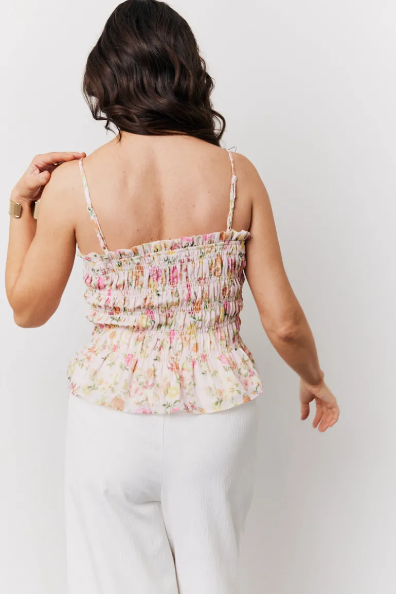 Pink Floral Print Shirred Cami Top
