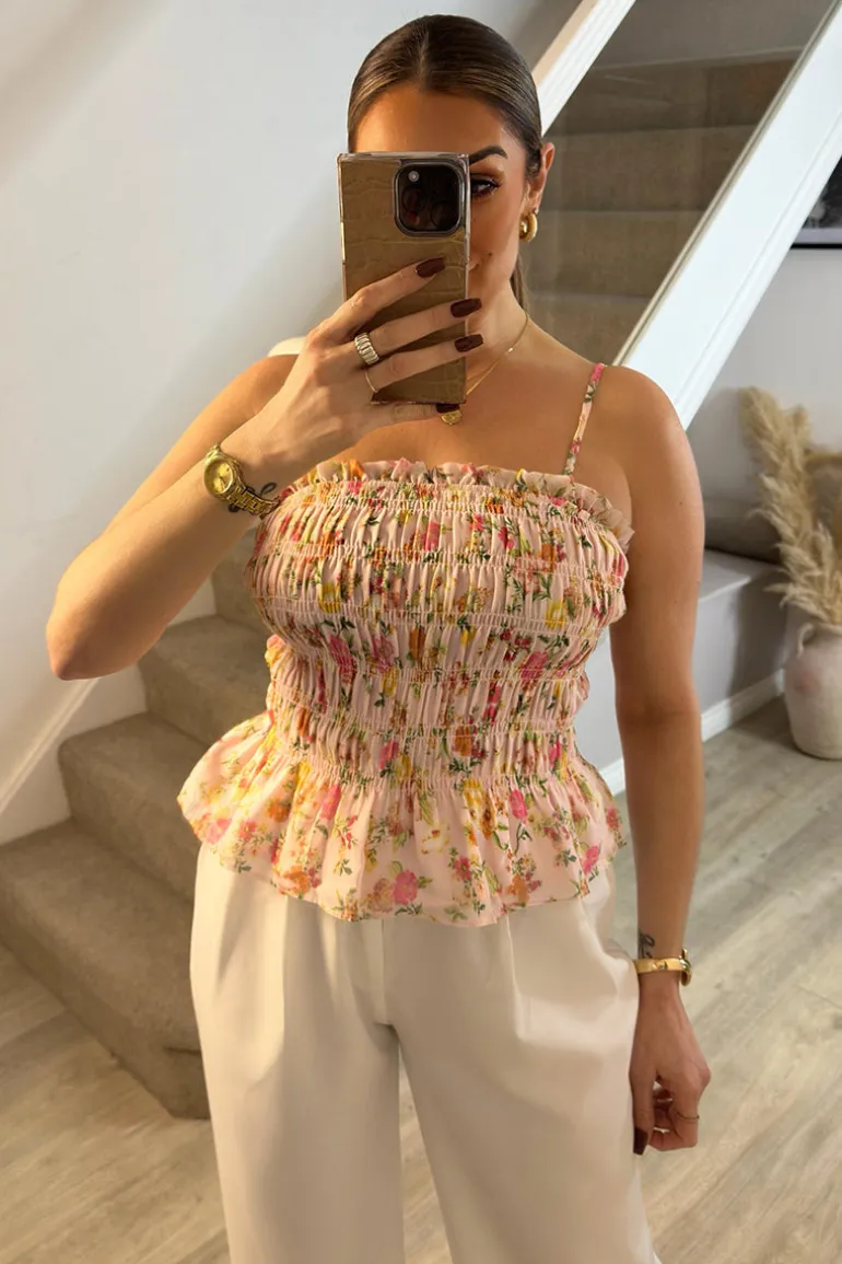 Pink Floral Print Shirred Cami Top