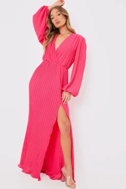 Plisse Ballon Sleeve Maxi Dress