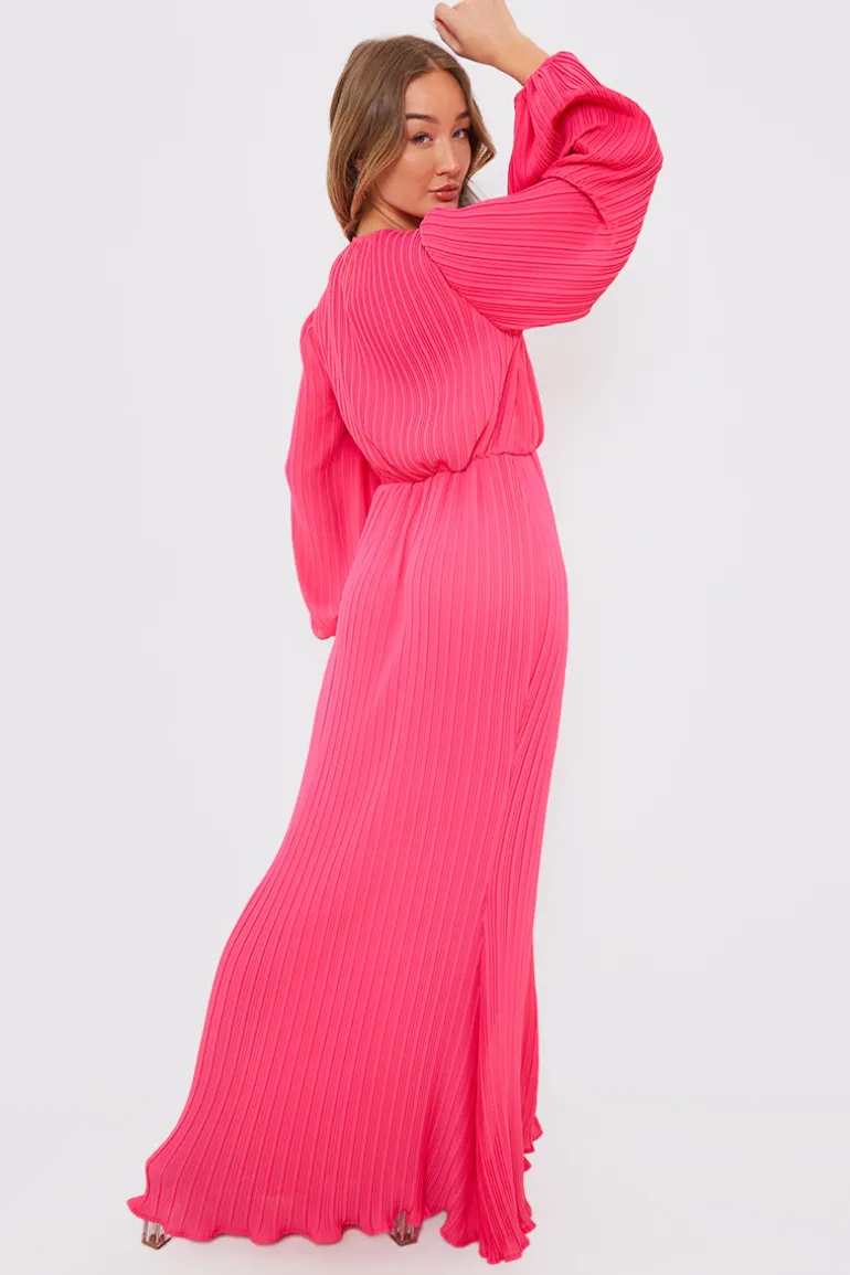 Plisse Ballon Sleeve Maxi Dress