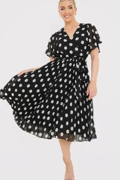 Polka Dot Print Pleated Wrap Midi Dress