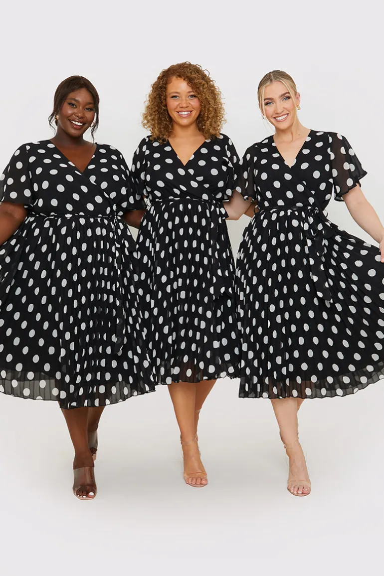 Polka Dot Print Pleated Wrap Midi Dress