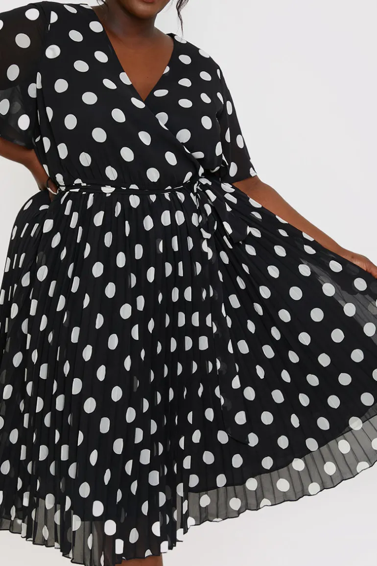Polka Dot Print Pleated Wrap Midi Dress