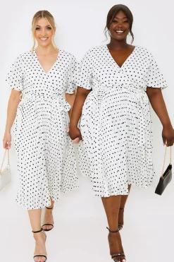 Polka Dot Print Pleated Wrap Midi Dress