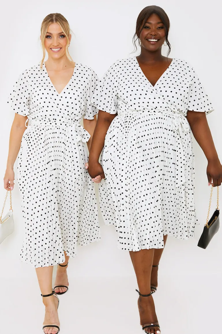 Polka Dot Print Pleated Wrap Midi Dress