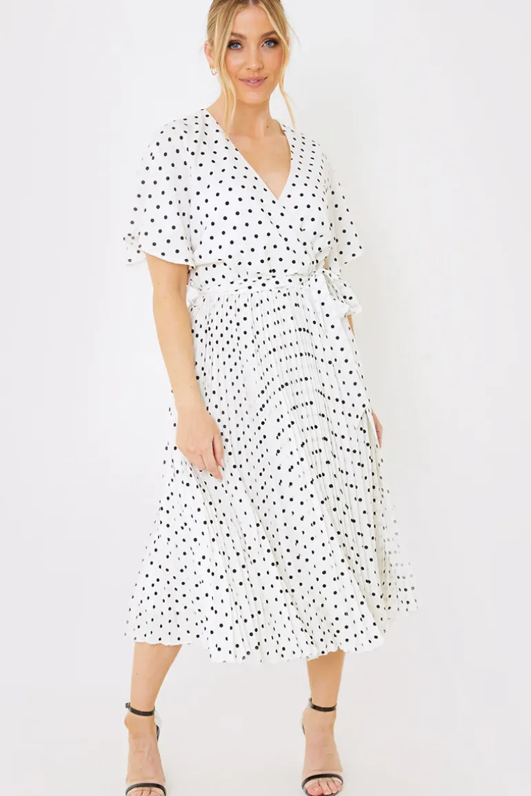 Polka Dot Print Pleated Wrap Midi Dress