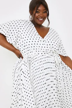 Polka Dot Print Pleated Wrap Midi Dress