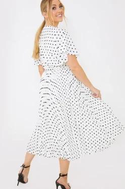 Polka Dot Print Pleated Wrap Midi Dress