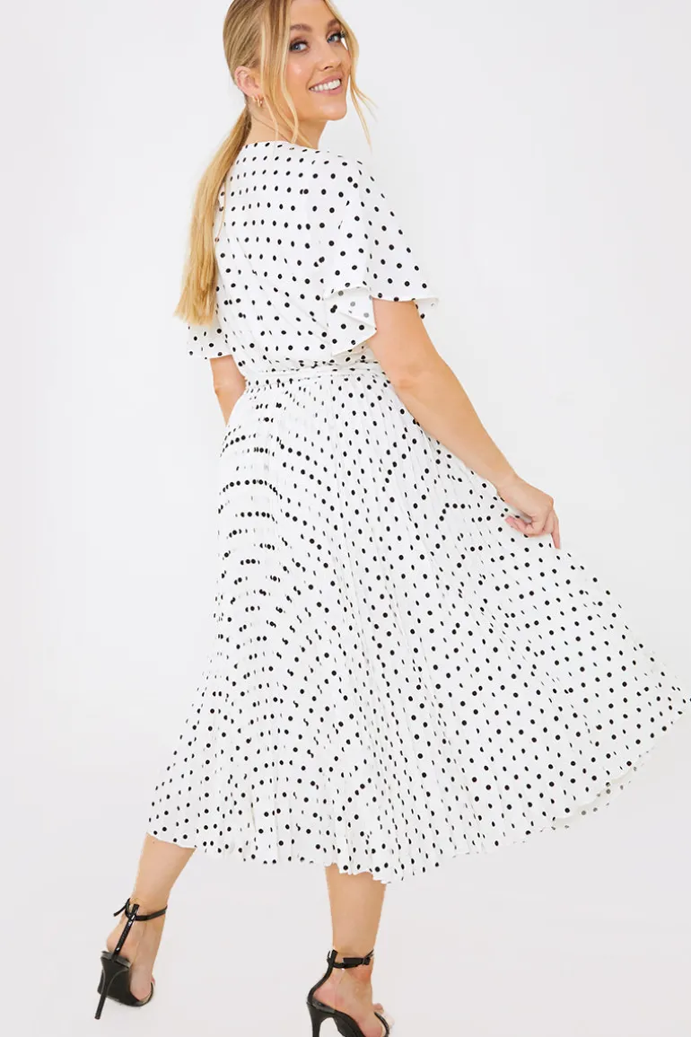 Polka Dot Print Pleated Wrap Midi Dress