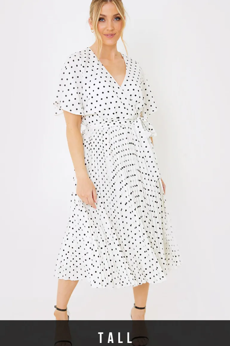 Polka Dot Print Pleated Wrap Midi Dress