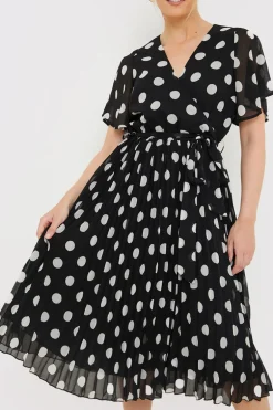 Polka Dot Print Pleated Wrap Midi Dress