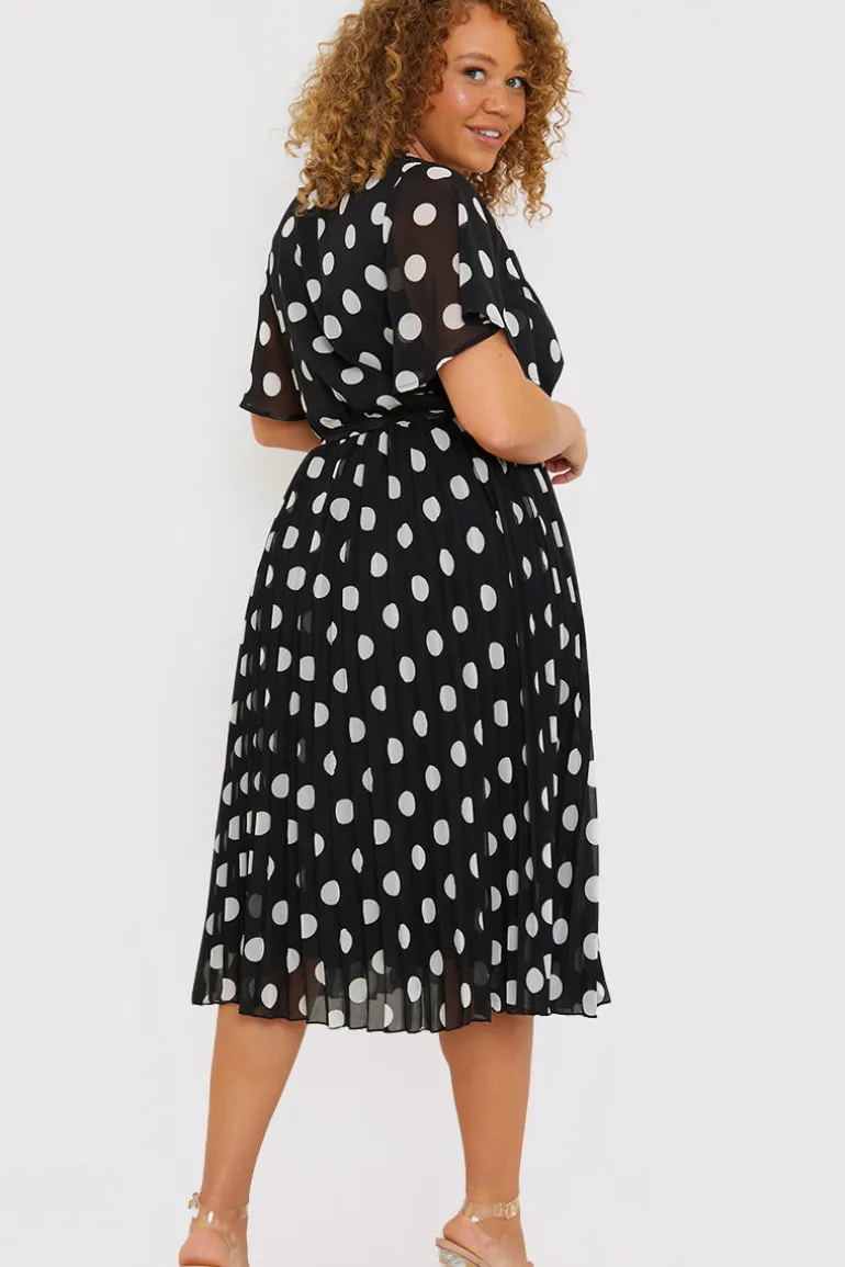 Polka Dot Print Pleated Wrap Midi Dress