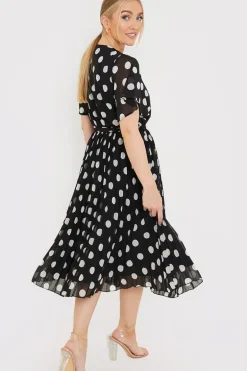 Polka Dot Print Pleated Wrap Midi Dress