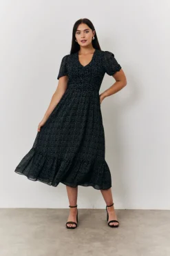 Polka Dot V Neck Puff Sleeve Midaxi Dress