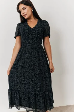 Polka Dot V Neck Puff Sleeve Midaxi Dress